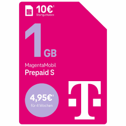 Deutsche Telekom MagentaMobil Prepaid S mit 1 GB Highspeed-Volumen I Surfen mit 5G/ LTE Max & Flat ins Mobilfunknetz (Min., SMS) + 50 Freiminuten in alle Anderen dt. Netze I 10 EUR Startguthaben neu Angebot bei HelloDeals