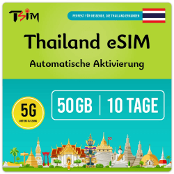 TSIM Thailand eSIM-Karte 10 Tage 50GB | Lokale Nummer + CallHome | Auto-Aktivierung | 5G AIS-Netzwerk mit Tethering/Hotspot/Internet-Sharing 10Day 50GB eSIM