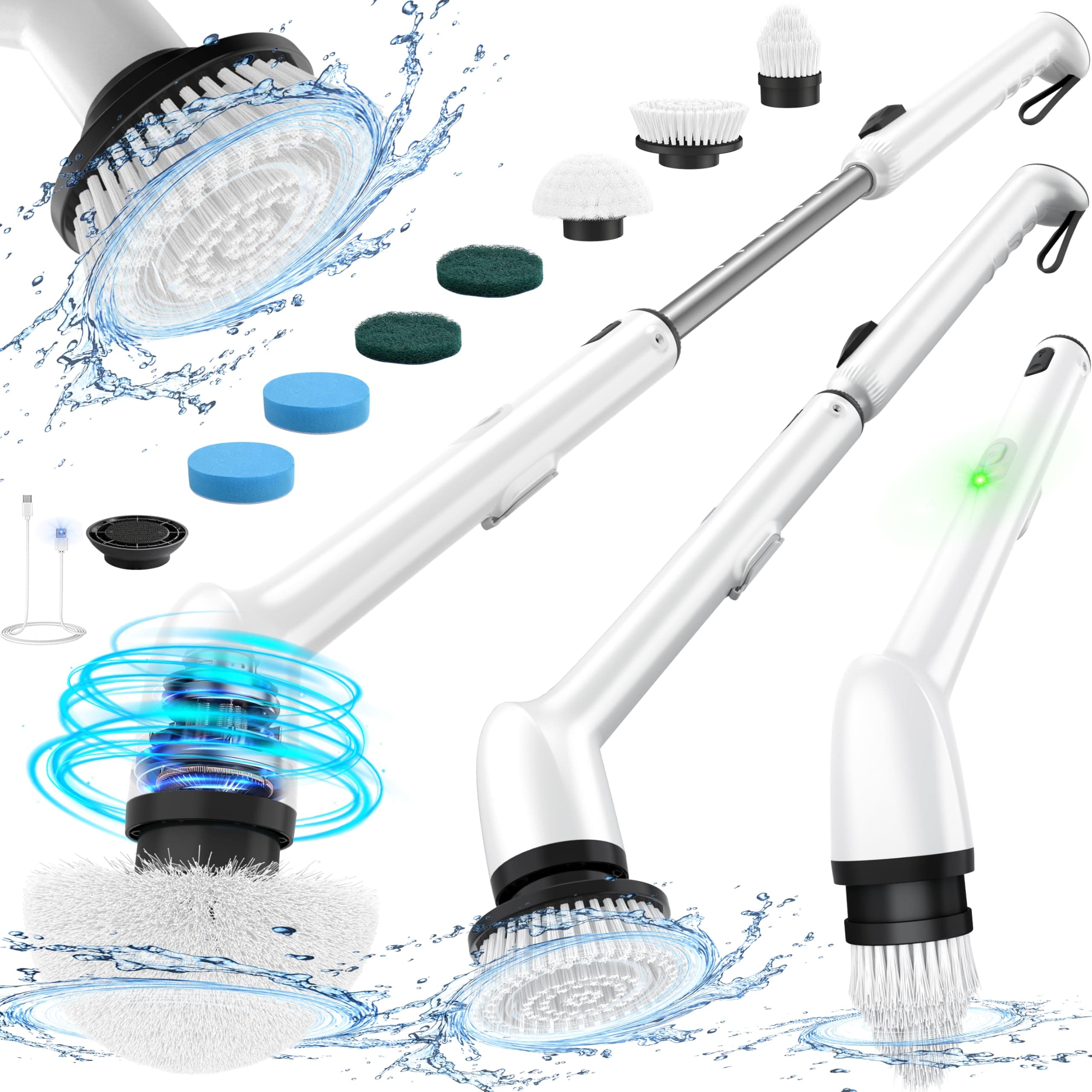 LyriFine Elektrische Reinigungsbürste, Neue Vollkörper-IPX7-Wasserdichte Electric Cleaning Brush, Elektrische Reinigungsbürste Haushalt mit langem Griff,2 Geschwindigkeiten, Ersatzköpfe für Badezimmer Weiß