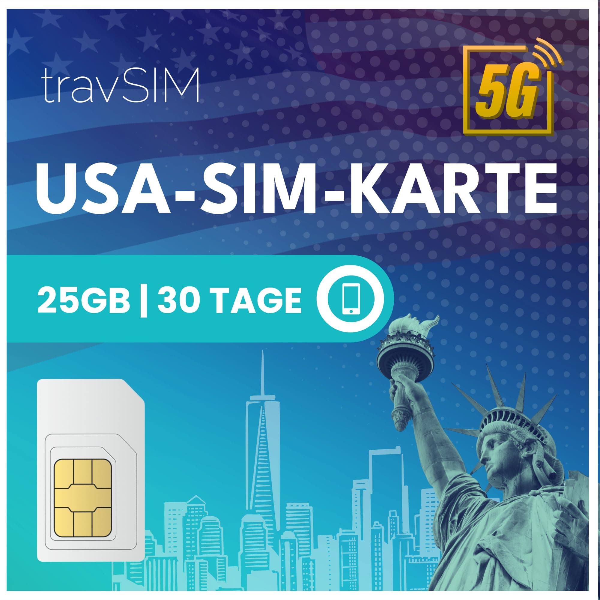 travSIM USA SIM Karte | 25GB Mobile Daten mit 4G/5G Geschwindigkeiten für die USA – Voller Zugang zu Google, Facebook, Whatsapp & Mehr | SIM Karte USA plan mit 30 Tagen Gültigkeit 30 Days - 25GB
