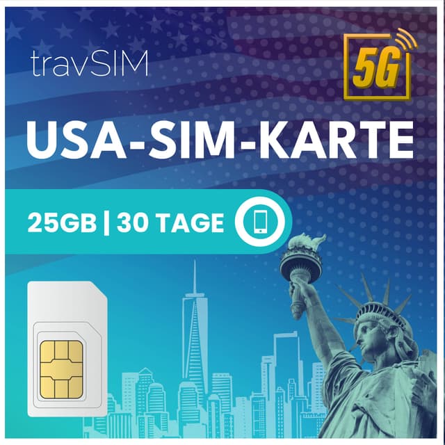 travSIM USA SIM Karte | 25GB Mobile Daten mit 4G/5G Geschwindigkeiten für die USA – Voller Zugang zu Google, Facebook, Whatsapp & Mehr | SIM Karte USA plan mit 30 Tagen Gültigkeit 30 Days - 25GB