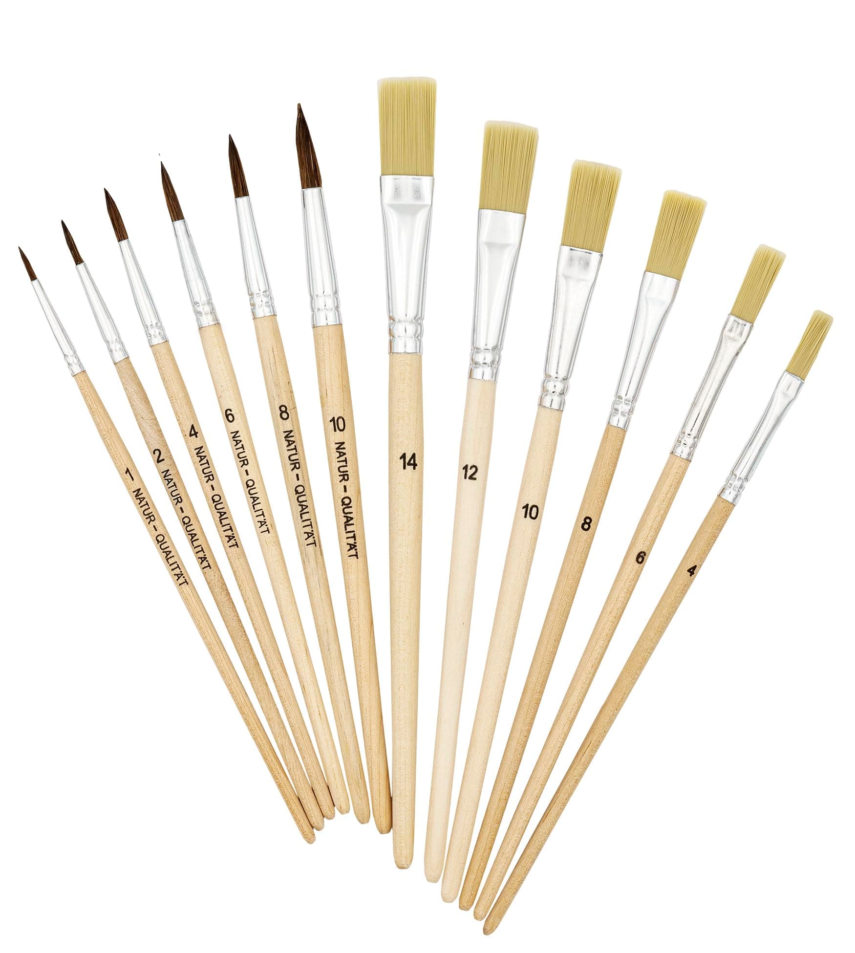 K3T Pinsel-Set 12tlg (Haarpinsel Größe 1, 2, 4, 6, 8, 10 + Borstenpinsel Größe 4, 6, 8, 10, 12, 14), Schaft naturbelassen, Art.Nr. 49411
