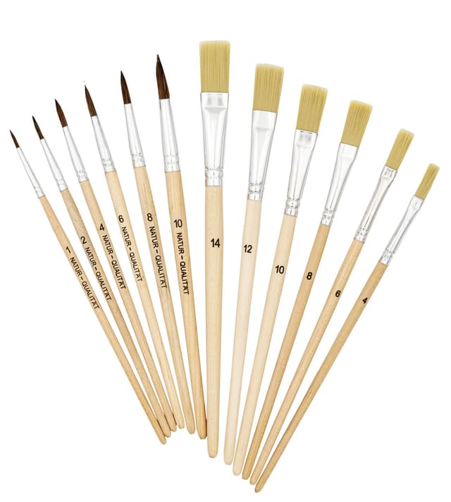 K3T Pinsel-Set 12tlg (Haarpinsel Größe 1, 2, 4, 6, 8, 10 + Borstenpinsel Größe 4, 6, 8, 10, 12, 14), Schaft naturbelassen, Art.Nr. 49411
