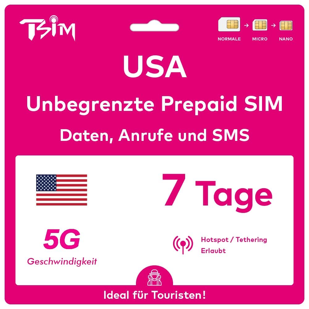 USA SIM-Karte 7 Tage. T-Mobile-Netz mit unbegrenztem Highspeed-Datenvolumen in 5G/4G/LTE | Unbegrenzte Anrufe und SMS innerhalb der USA (einschließlich Hawaii). 5G SIM-Karte! 7 Day