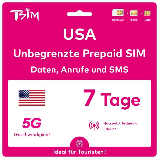 USA SIM-Karte 7 Tage. T-Mobile-Netz mit unbegrenztem Highspeed-Datenvolumen in 5G/4G/LTE | Unbegrenzte Anrufe und SMS innerhalb der USA (einschließlich Hawaii). 5G SIM-Karte! 7 Day