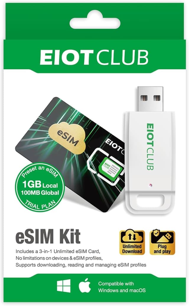 EIOTCLUB eSIM-Karte + Kartenleser-Kit – Unbegrenzte eSIM-Profile, Daten-Roaming in 33 EU-Ländern & 200+ Ländern weltweit, Kompatibel mit Android, iPhone, Tablets, Laptops & IoT-Geräten Physical eSIM + card reader kit