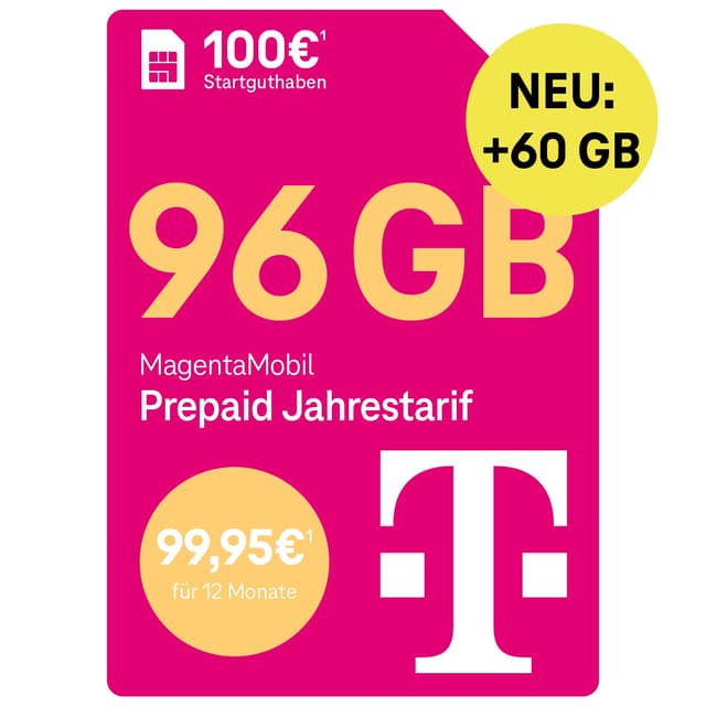 Telekom MagentaMobil Prepaid Jahrestarif 156 GB (13GB/Monat) | 5G/LTE Max & Allnet Flat in alle dt. Netze | unverbrauchtes Datenvolumen weiter nutzen | EU Roaming & Hotspot Flat | 100EUR Startguthaben neu