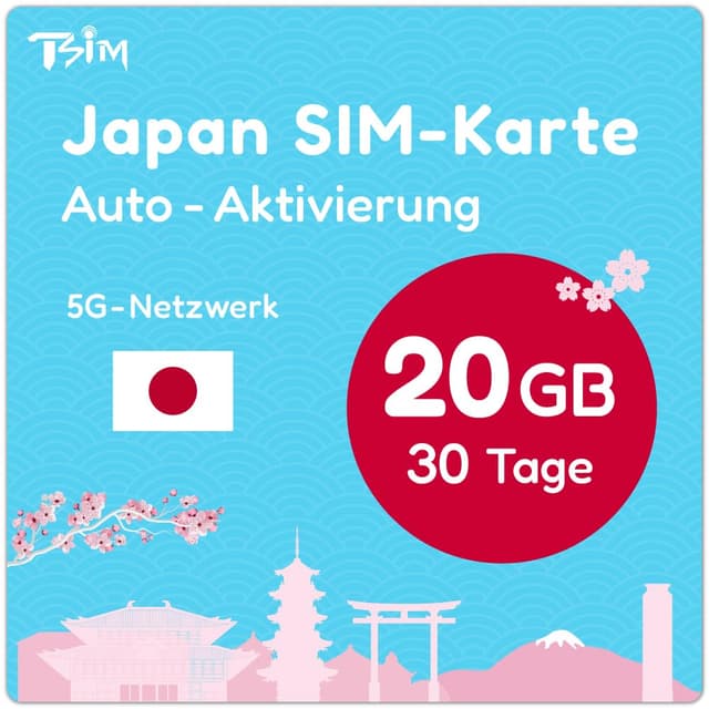 Japan SIM-Karte 30 Tage 20GB | Automatische Aktivierung | 5G-Netzwerk mit Tethering/Hotspot/Internetfreigabe 30 Days 20GB
