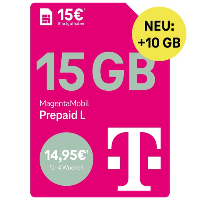 Telekom MagentaMobil Prepaid L mit 25 GB Highspeed-Volumen | 5G/LTE Max & Allnet Flat in alle dt. Netze | unverbrauchtes Datenvolumen weiter nutzen | EU Roaming & Hotspot Flat | 15 EUR Startguthaben neu