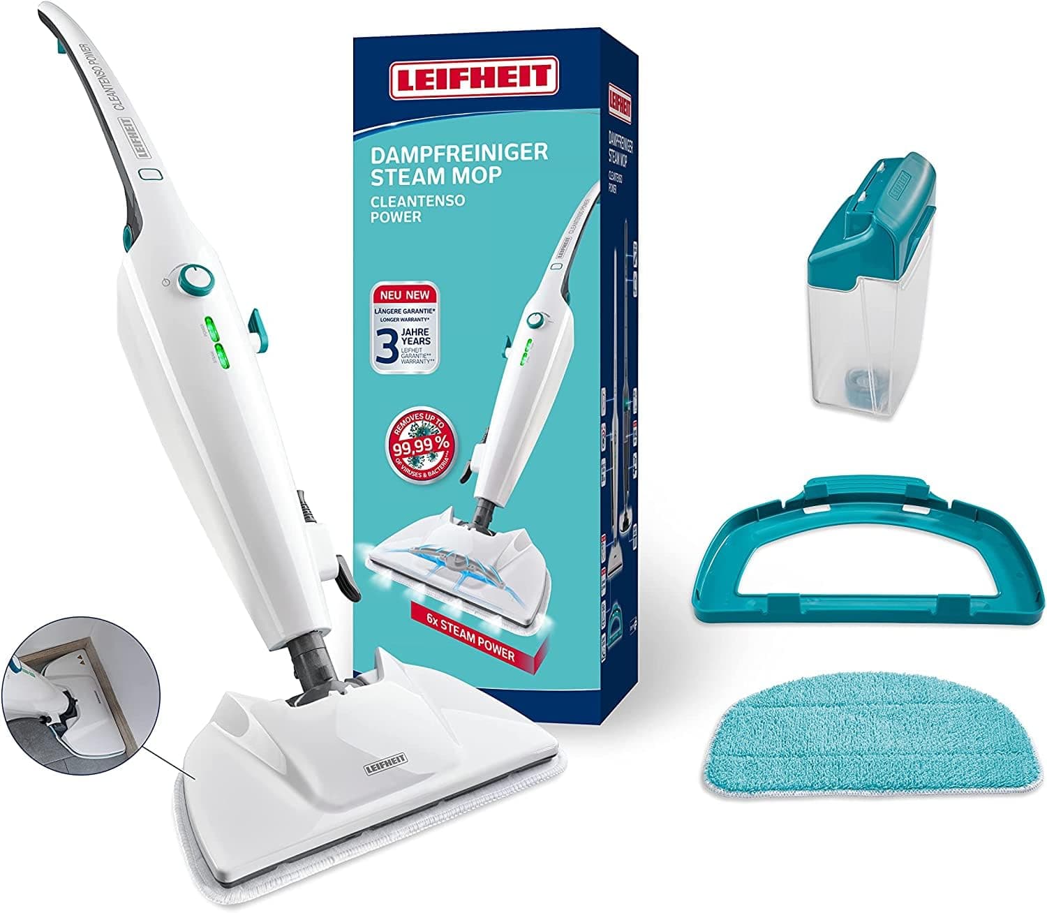 Leifheit Dampfreiniger CleanTenso Power 2.0 mit heißem Wasserdampf gegen Bakterien, Dampfmop mit kurzer Aufheizzeit und 50min Wischdauer, Dampfbesen für Eckenreinigung, Dampfwischer in modernem Design 2022 Version Dampfreiniger Angebot bei HelloDeals