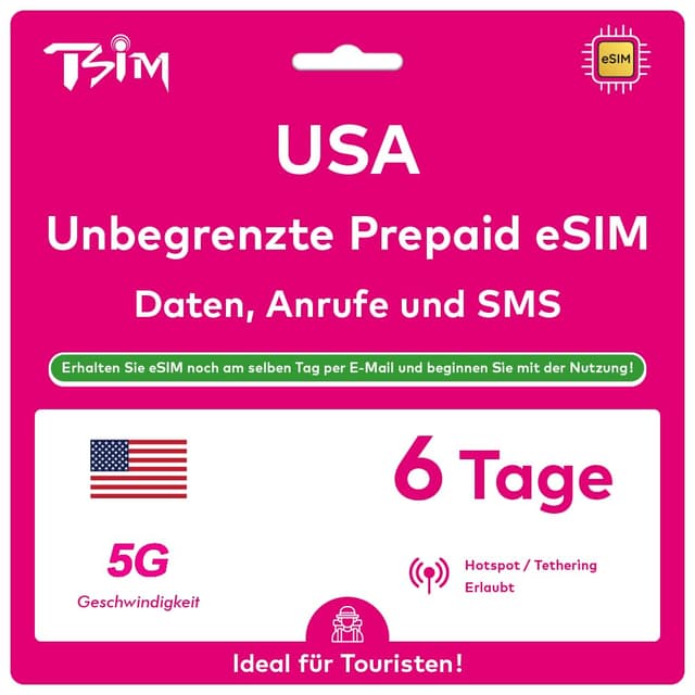 USA eSIM 6 Tage. T-Mobile Netzwerk mit Unbegrenzt Highspeed-Daten, Lokale Anrufe und SMS in den USA (Hawaii Inklusive). Erhalte eSIM Am Selben Tag per E-Mail und Beginne Sofort mit der Nutzung! 6 Day eSIM
