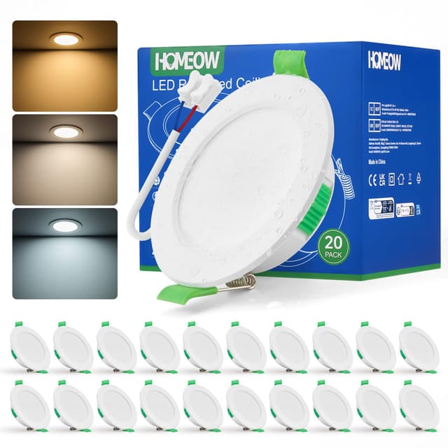 HOMEOW 20er Set LED Einbaustrahler 230V, 5W 400LM LED Spot 68mm - 78mm Lochmaß, IP44 Warmweiß Neutralweiß Kaltweiß Deckenspots, 24mm Ultra Flach Einbauleuchten für Badezimmer Küche