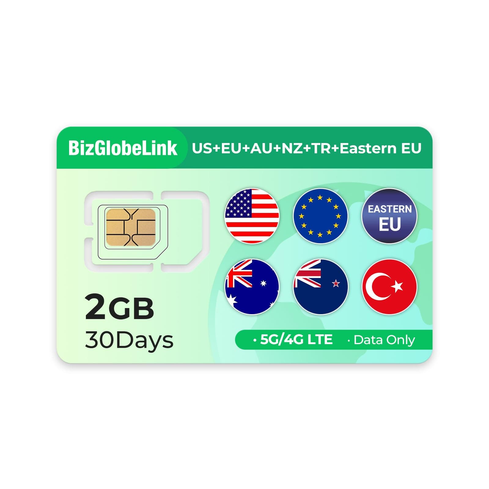 EIOTCLUB Reise-Daten-SIM, 2GB für 30 Tage, Abdeckung in Türkei, Australien, Neuseeland, Osteuropa, USA & 33 europäischen Ländern, 5G, Wiederaufladbar, Ohne Vertrag 2GB 30days | TR+AU+NZ+US+EU