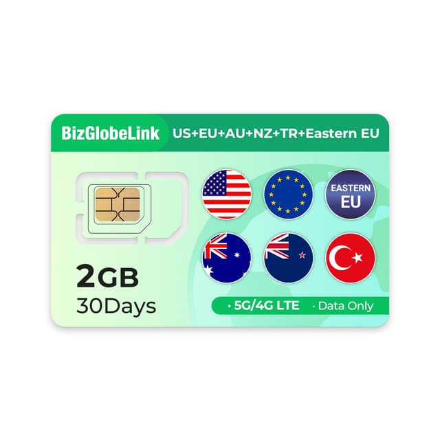 EIOTCLUB Reise-Daten-SIM, 2GB für 30 Tage, Abdeckung in Türkei, Australien, Neuseeland, Osteuropa, USA & 33 europäischen Ländern, 5G, Wiederaufladbar, Ohne Vertrag 2GB 30days | TR+AU+NZ+US+EU