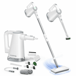 FEPPO Dampfreiniger mit abnehmbarem dampfreiniger handgerät,10-in-1 Multifunktionsgerät mit Aufsätzen & 2 Pads, leistungsstarker Dampfbesen für Böden, Parkett, Fliesen, Fugen, Fenster, Küche & Bad Weiß