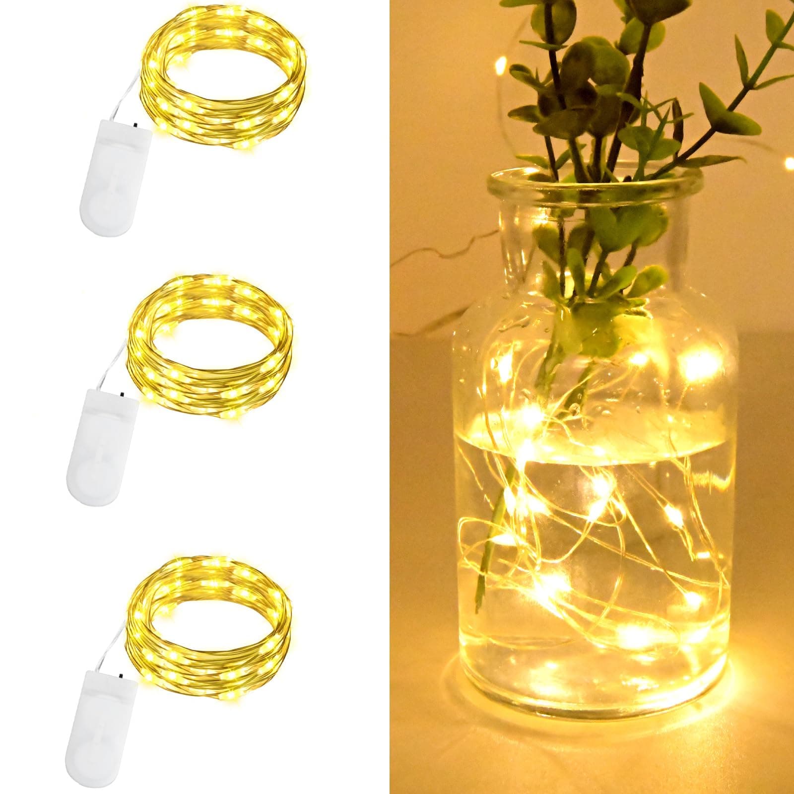Gcstnn Micro LED Lichterkette, 3 Stück 20LED Drahtlichterkette mit CR2032 Batterie betrieb Auf 2M Silberdraht Wasserdichte für Party, Weihnachten, Halloween, Lichter Flasche Dekoration (Warm Weiß) Warmeweiß 3