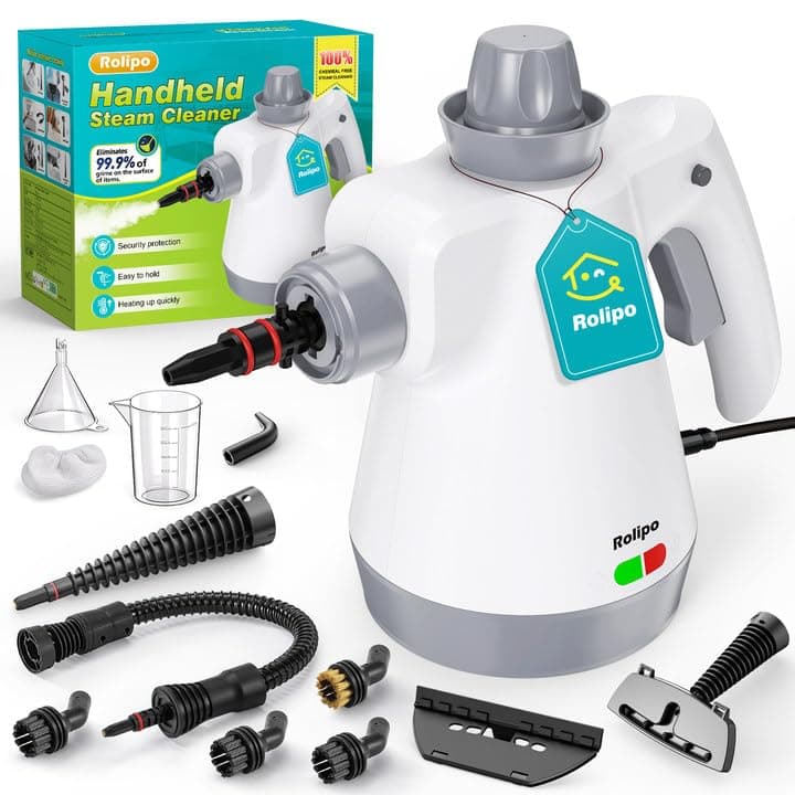 Rolipo Dampfreiniger Handgerät mit 12-Teiligem Zubehör, 1050W Steam Cleaner für Haushalt, Küche, Bad, Fenster, Polster & Auto–100% Chemiefrei, Hochdruck-Dampf gegen Schmutz Fett & Bakterien Weiß