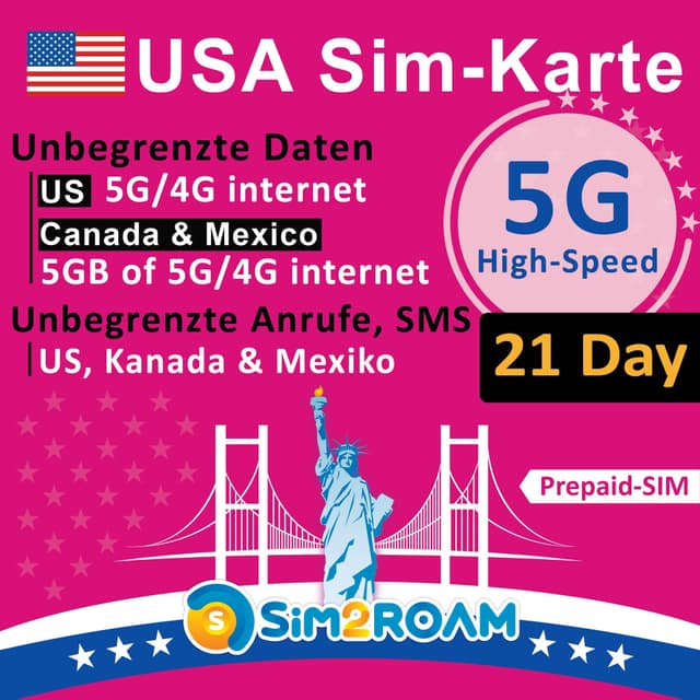 USA SIM-Karte 21 Tage (Verwendet T-Mobile-Netz) | Unbegrenzte 5G/4G-Daten in den USA + 5 GB in Kanada/Mexiko | Unbegrenzte Anrufe und SMS in den USA, Kanada und Mexiko | Aufladbar! 21Days