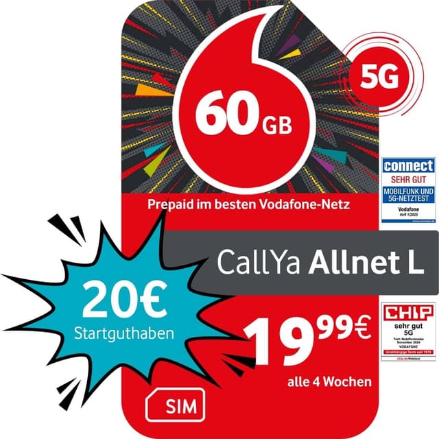 Vodafone Prepaid CallYa Allnet L | 60 GB | 20 EUR Startguthaben | 5 GB gratis im Roaming-Special | ohne Vertrag | 5G-Netz | Telefon- SMS-Flat | EU-Roaming 1 Monat