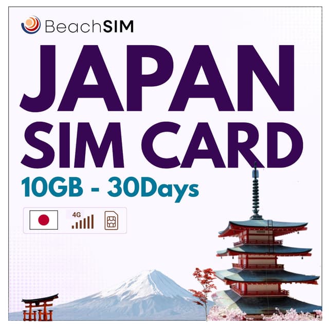 BeachSIM Japan SIM-Karte. 10 GB Daten bei 4G/5G-Geschwindigkeiten. Nur Prepaid-Daten SIM-Karte. Einfaches Aufladen. Funktioniert auf iOS- und Android-Geräten. Gültig für 30 Tage. Japan-10GB-30d