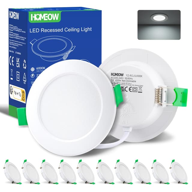 HOMEOW Einbaustrahler LED 230V Flach 68mm, Deckenspots 5W 400 Lumen, Einbauleuchten Decke LED Kaltweiß 6000K, IP44 LED Spots für Badezimmer Küche, 10er Set Kaltweiß 5W, 68-78mm Lochmaß