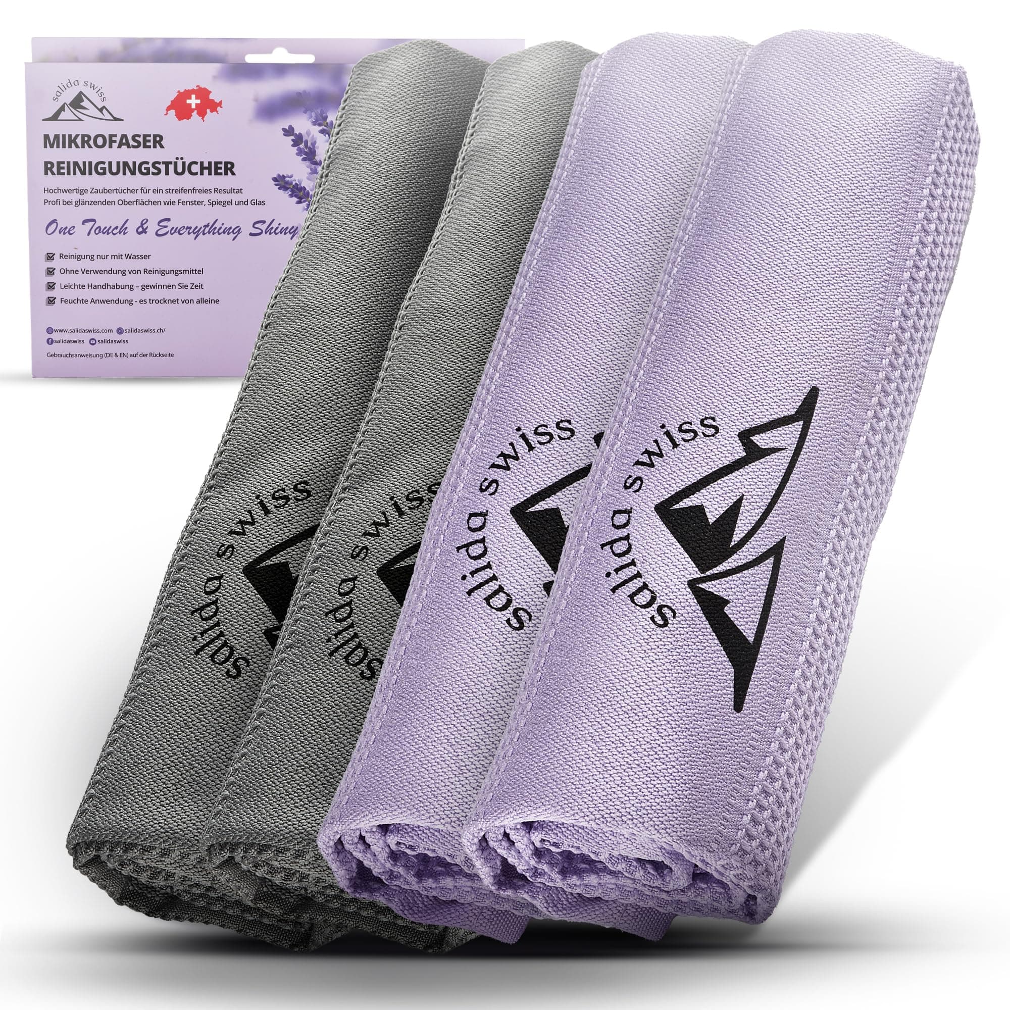 Salida Swiss Mikrofasertücher [4er-Set] – Microfasertücher für streifenfreie Fenster & Spiegel | Saugfähige, fusselfreie Mikrofaser-Tücher für Küche & Auto | Salida Swiss das Original aus der Schweiz