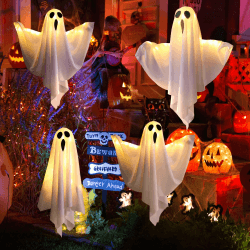 Halloween Gespenster Dekorationen, CNMTCCO 4 Stück Halloween Hängende Gespenster mit LED Lichtern, Hängende Dekorationen für Party Terrassentür Fenster Baum Veranda Haus Rasen Wand (Weiß)
