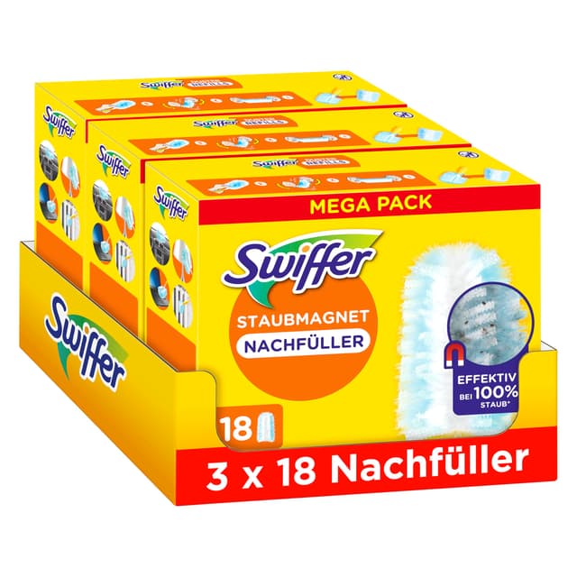 Swiffer Staubmagnet Nachfüllpackung, 54 Tücher (3×18), Fängt Und Schließt 3-mal Mehr Staub Und Haare Ein Als Herkömmliche Staubwedel 54 Tücher (3x18)