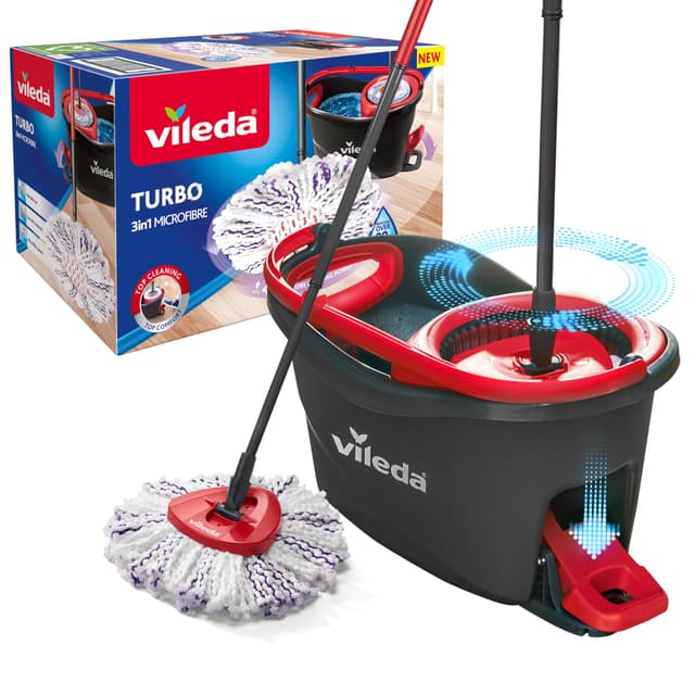 Vileda Turbo 3in1 Komplett-Set | Wischmopp mit Mikrofaser-Moppkopf gegen hartnäckigen Schmutz | Eimer mit Pedal-Schleuder - Für alle Böden | Entfernt 99% der Bakterien,Teleskopstiel 85–123cm Turbo 3in1 Komplettset