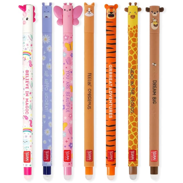 LEGAMI Set mit 7 radierbaren Gelstiften mit thermoempfindlicher Radiertinte, verschiedene Tintenfarben und Schaftdesigns, 0,7 mm Spitze, Einhorn, Nilpferd, Schmetterling, Corgi, Tiger, Giraffe, 7er Set