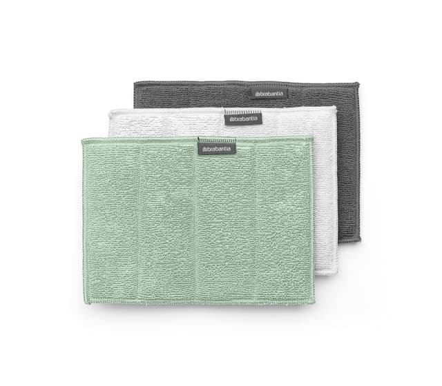 Brabantia - Sinkside Reinigungstücher Mikrofaser - Maschinenwaschbar - Saugt das 7-Fache Seines Eigengewichts Auf - Für die Reinigung von Geschirr, Arbeitsflächen & Spiegeln - 3er Set Jadegrün/Grau/Weiß 16 x 22cm
