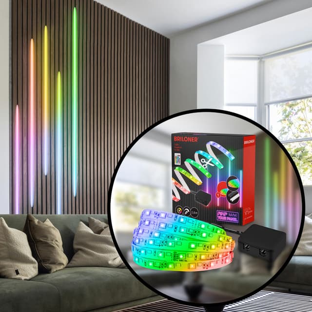 BRILONER - Pimp your Panel LED Strip Starterset, RGB bunte Lichtfarben, Fernbedienung, Streifen, Leiste, Zimmer Deko, Band, Zubehör Akustikpaneele, Lichtleiste, Lichtband, 2,6m, Weiß Basis-Set Länge 2,6 Meter Led - Rgb + Weiß