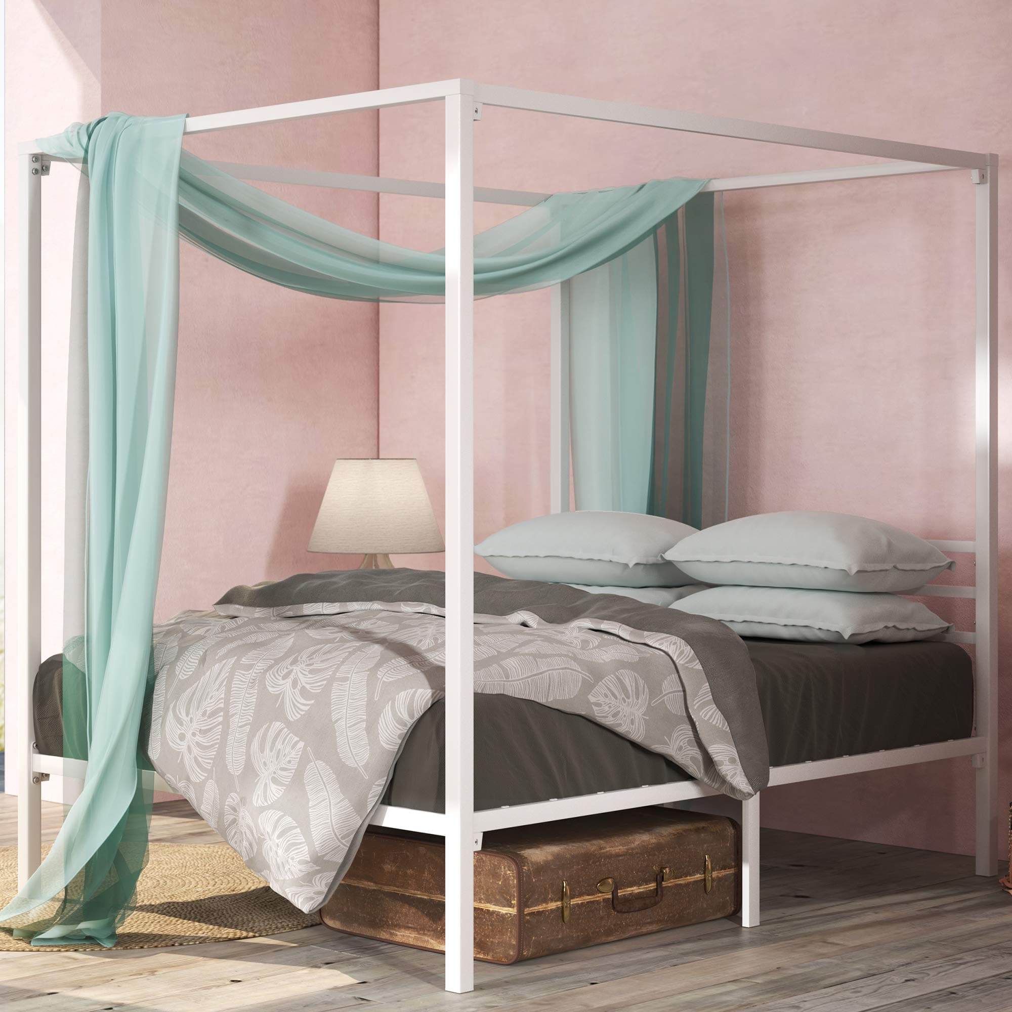 Zinus Patricia Bett 180x200 cm - Höhe 36 cm mit Stauraum unter dem Bett - Metall-Himmelbettgestell mit Stahl-Lattenrost - Weiß Weiß 180 x 200 cm