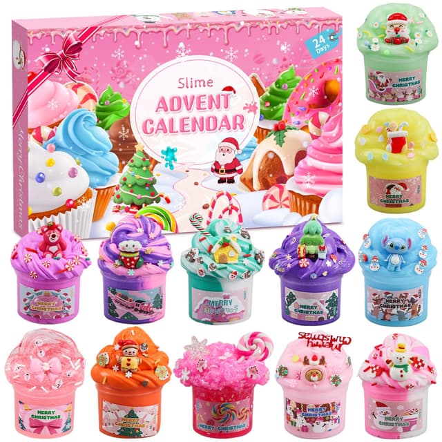 Schleim Adventskalender 2025 für Kinder,24-Tage-Countdown Slime Weihnachtskalender Kinder,12 Stück Weihnachten Überraschungen Geschenk Schleim Kit für 3 4 5 6 7 8 9 10 11 Jahre Jungen Mädchen (Pink)