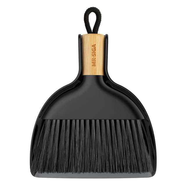 MR.SIGA Mini Kehrschaufel und Bürste Set, Tragbare Reiniqungsbürste und Kehrschaufel Combo mit Bambusgriff, Schwarz, 1 Set