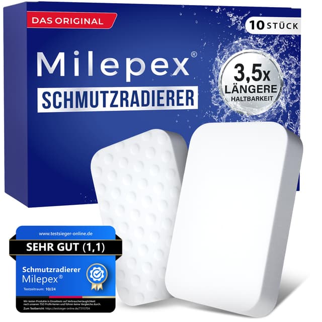 Milepex® Schmutzradierer [10x] – Premium Schwamm für Wand, Boden, Sneaker & Auto | Zauberschwamm & Magic Eraser für Haushalt, Bad & Küche | Extra stark & langlebig | Nur mit Wasser