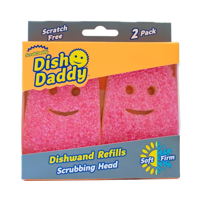 Scrub Daddy Spülstab-Schwamm-Ersatzköpfe, Seifenspender-Scheuerbürste, Texturwechsel-Spülbürste mit Flüssigkeitsspender, Bürsten mit Schaber und abnehmbaren Kopfschwämmen, 2 Stück Rosa