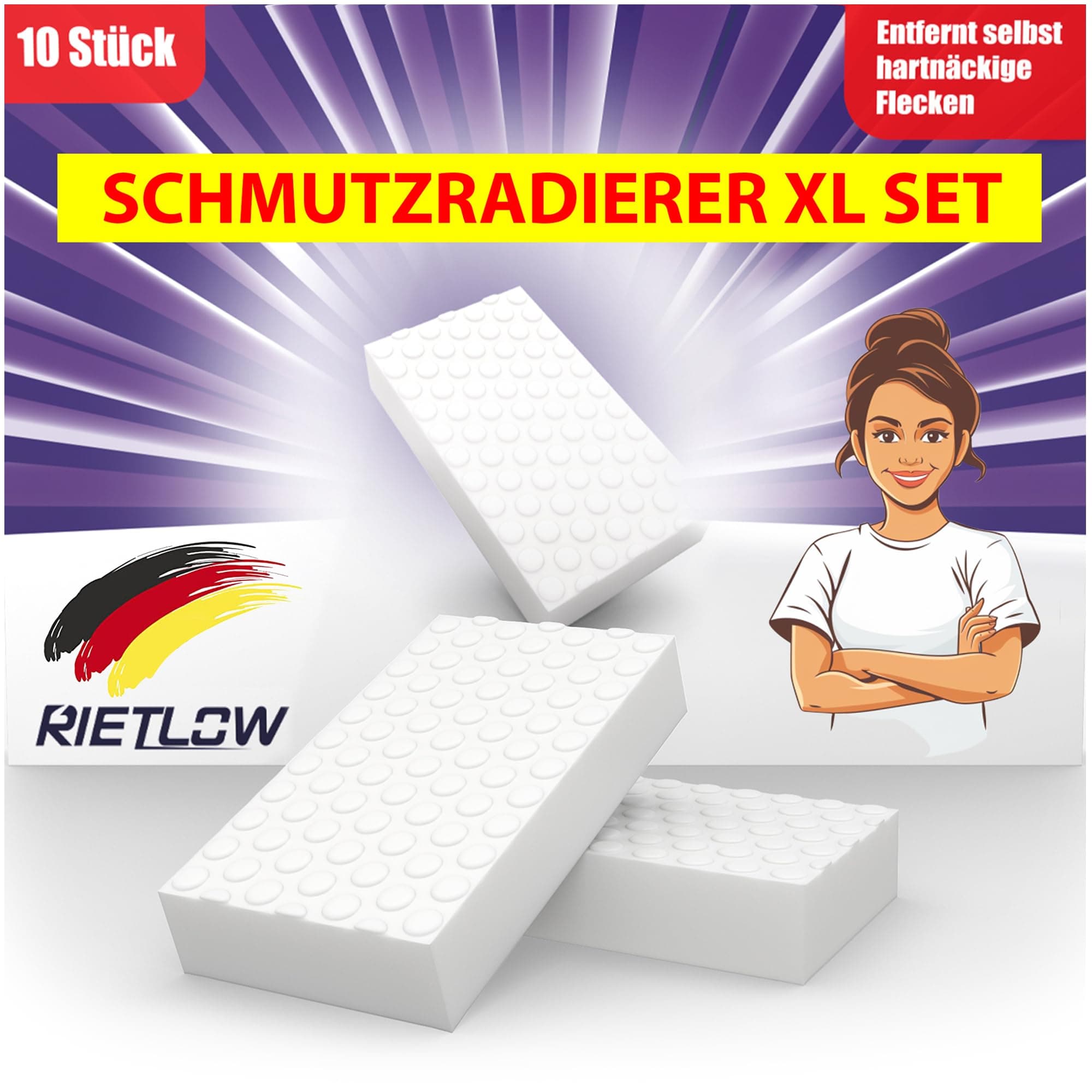 Rietlow® Schmutzradierer 10er Set – Zauberschwamm mit zweifacher Dichte – Radierschwamm für weiße Wände, Tapeten, Schuhe und Böden – Magic Eraser Sponge – Melamin Reinigungsschwamm & Wandradierer