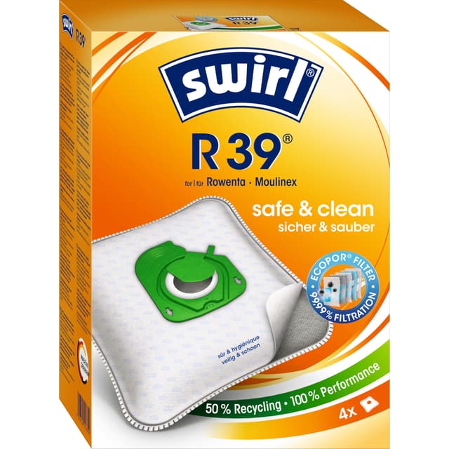 Swirl R 39 EcoPor Staubsaugerbeutel (4 Beutel), reißfeste Staubbeutel für einige Rowenta & Moulinex Staubsauger, 99,9% Filterung von Hausstaub & allergenem Feinstaub 4 Stück