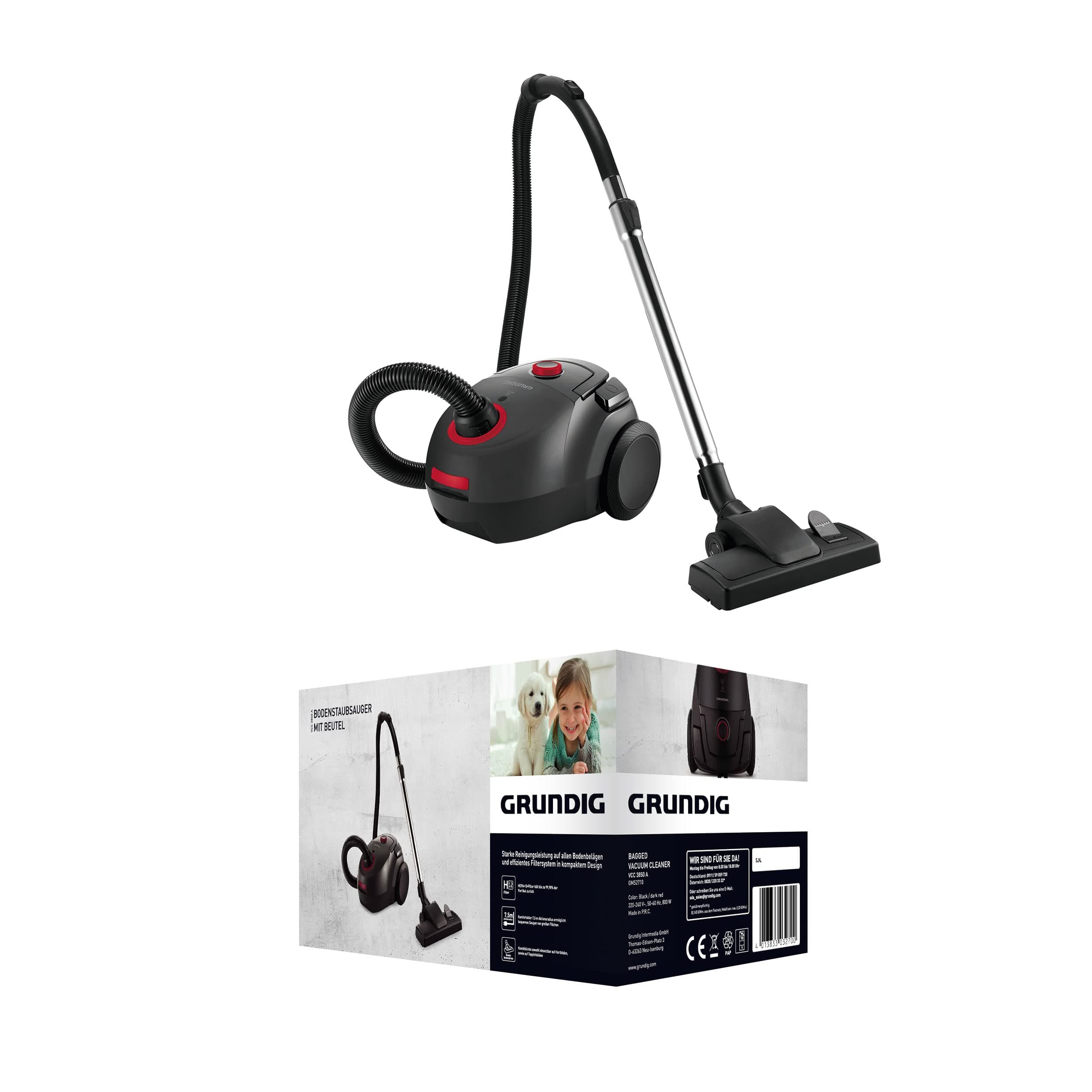 Grundig, VCC 3850 A Bodenstaubsauger mit Beutel, 800W, 2,1 L, Schwarz/Rot Single
