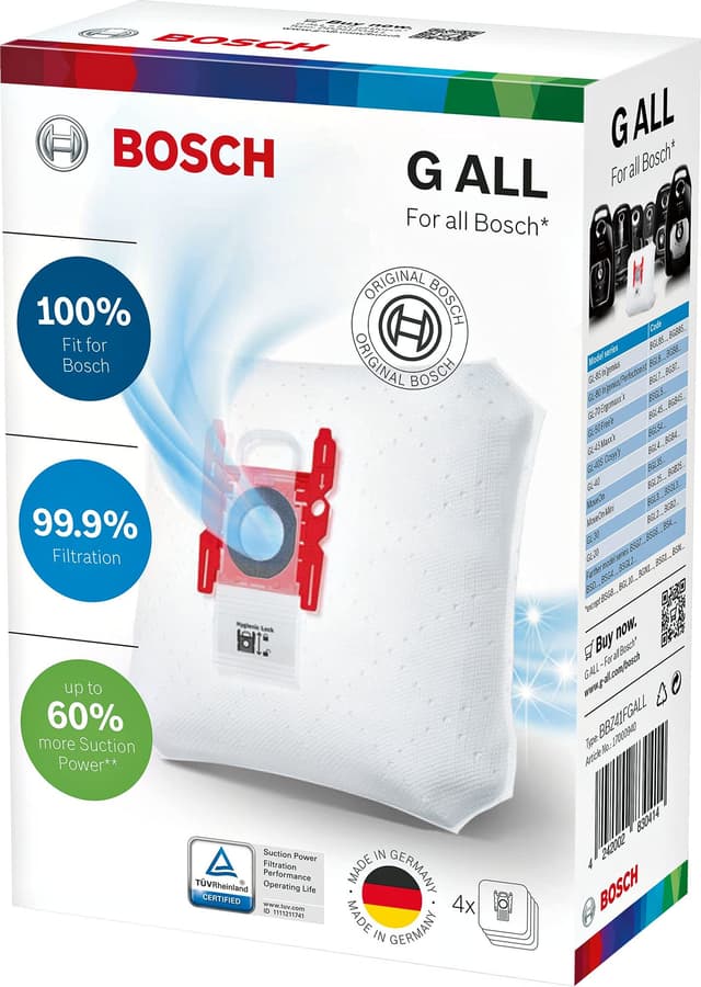Bosch 4x Staubsaugerbeutel PowerProtect Typ G ALL BBZ41FGALL, 99,9% Feinstaubfilterung, 50% längere Nutzungsdauer, passend für alle aktuellen Baureihen außer BSG8, BSN1 Staubsauger + Beutel 4er-Set Single