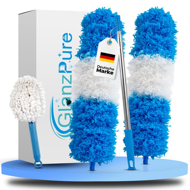 GlanzPure Staubwedel Teleskop-lang ausziehbar bis 2,5m und waschbar,biegbarer und kratzfreier Staubwischer mit Teleskopstange,Spinnenwebenentferner für hohe Decken,Mikrofasern Staubmagnet Blau-weiß 4 Teilig