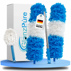 GlanzPure Staubwedel Teleskop-lang ausziehbar bis 2,5m und waschbar,biegbarer und kratzfreier Staubwischer mit Teleskopstange,Spinnenwebenentferner für hohe Decken,Mikrofasern Staubmagnet Blau-weiß 4 Teilig