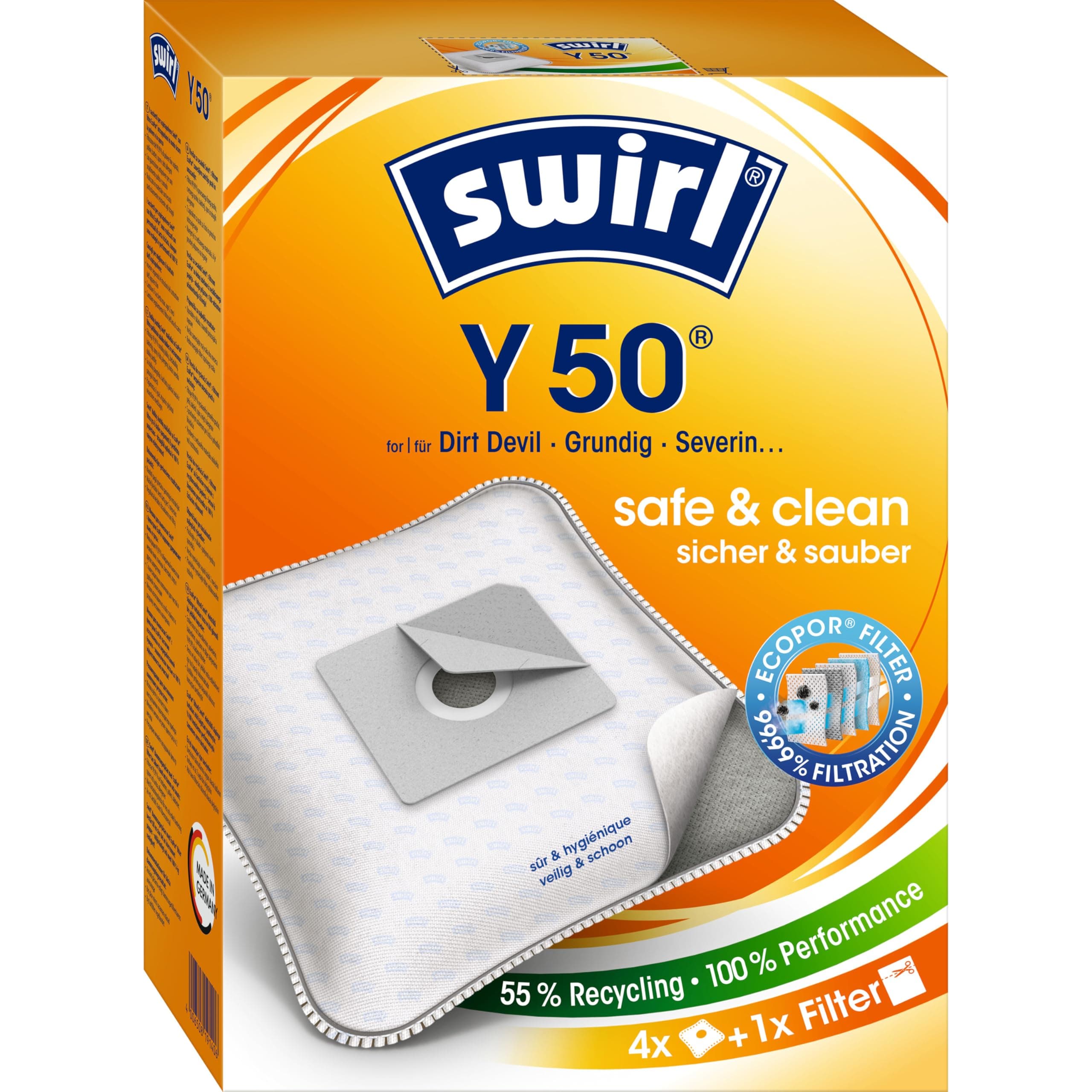 Swirl Y 50 EcoPor Staubsaugerbeutel (4 Beutel), reißfeste Staubbeutel für einige Dirt Devil, Grundig & Severin Staubsauger, 99,9% Filterung von Hausstaub & allergenem Feinstaub 4er Pack Y 50 - Für Dirt Devil, Progress und Samsung Staubsauger