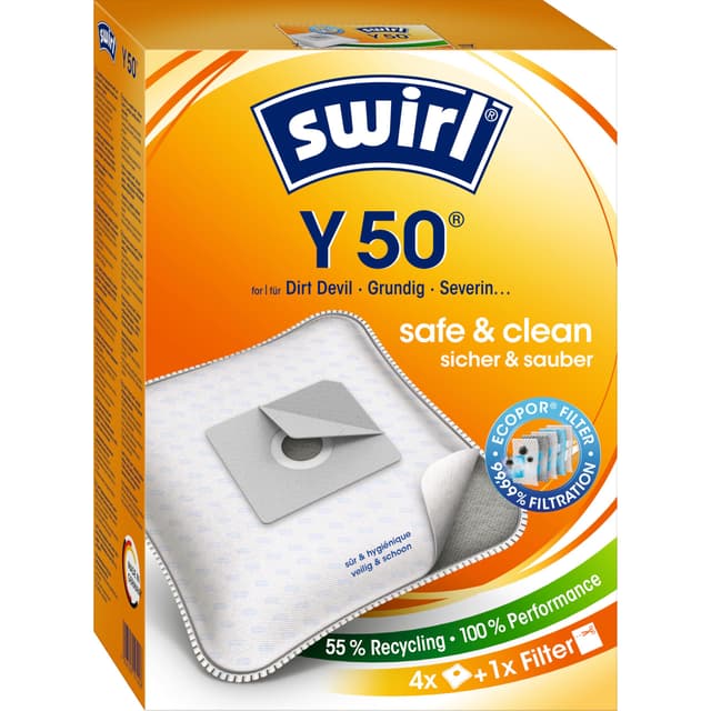 Swirl Y 50 EcoPor Staubsaugerbeutel (4 Beutel), reißfeste Staubbeutel für einige Dirt Devil, Grundig & Severin Staubsauger, 99,9% Filterung von Hausstaub & allergenem Feinstaub 4er Pack Y 50 - Für Dirt Devil, Progress und Samsung Staubsauger