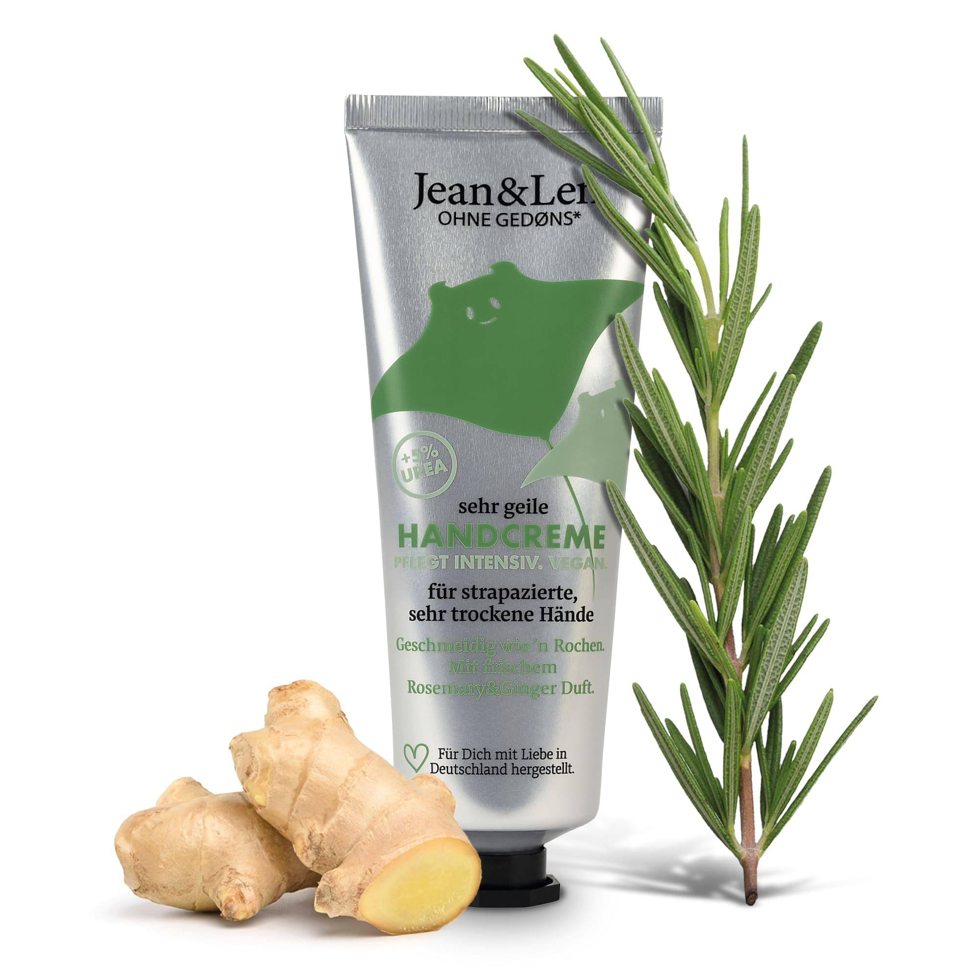 Jean & Len Sehr geile Handcreme Rosemary & Ginger, mit Urea, Handpflege für trockene und rissige Hände, spendet Feuchtigkeit und pflegt intensiv, ohne Parabene & Silikone, Handcreme Tube, vegan, 75 ml Rosemary & Ginger 75 ml (1er Pack)