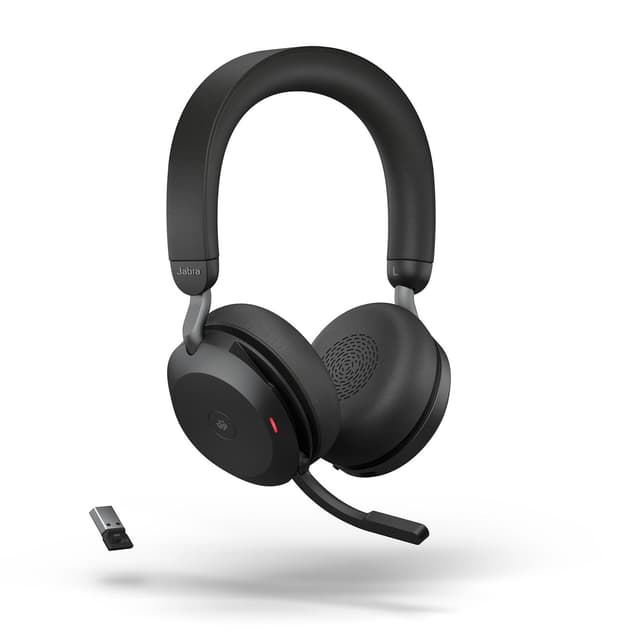 Jabra Evolve2 75 Wireless PC Headset mit 8-Mikrofon-Technologie - Dual-Foam-Stereo-Kopfhörer mit moderner aktiver Geräuschunterdrückung, USB-A Bluetooth-Adapter und MS Teams-Kompatibilität - Schwarz Schwarz Ohne Halter USB-A dongle Optimiert für Microsoft