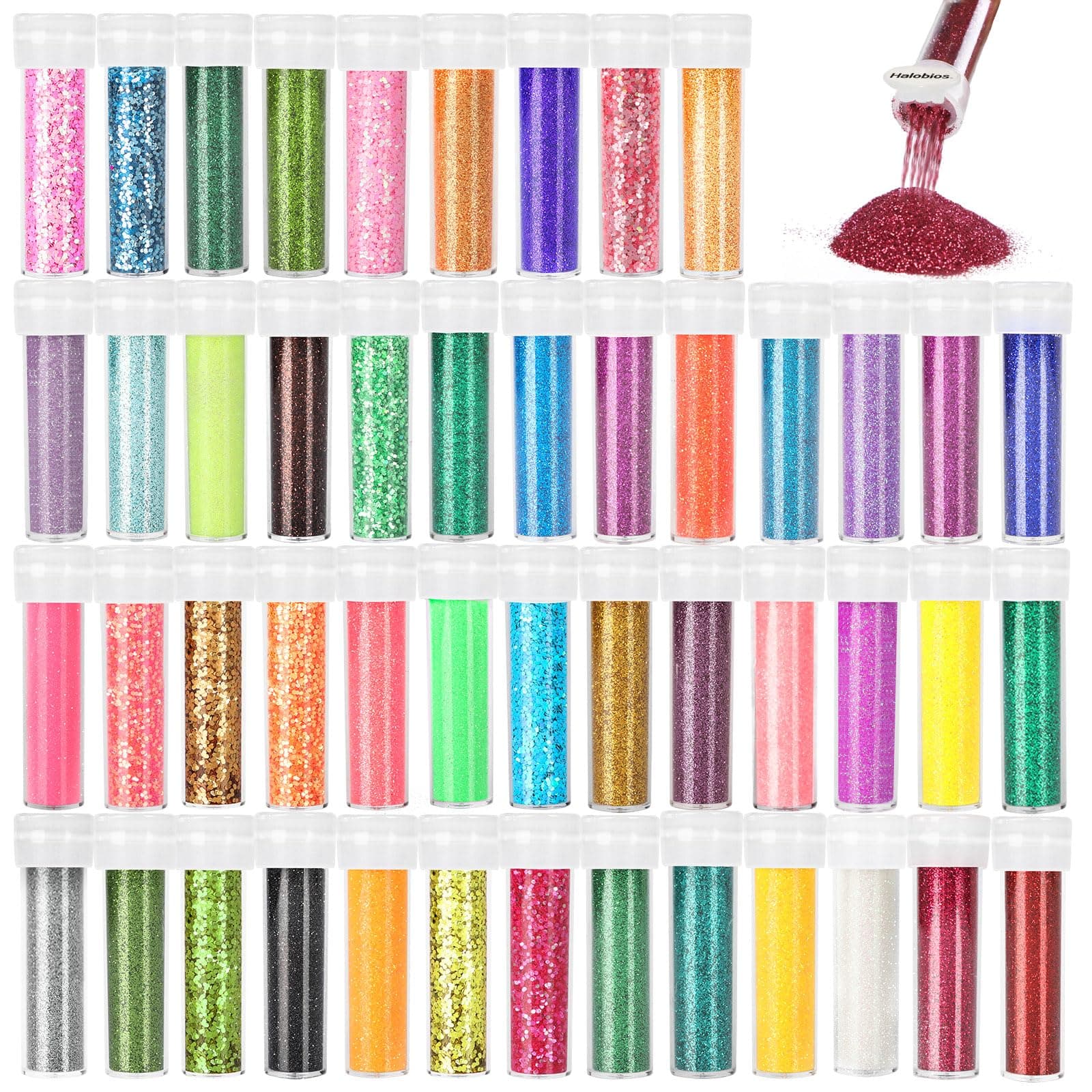 Halobios Feiner Glitzer in 48 leuchtenden Farben, Bastelglitzer für Party und Kunstunterricht, Körpernagelglitzer für Bühnen-Make-up Feiner and Chucky Glitzer