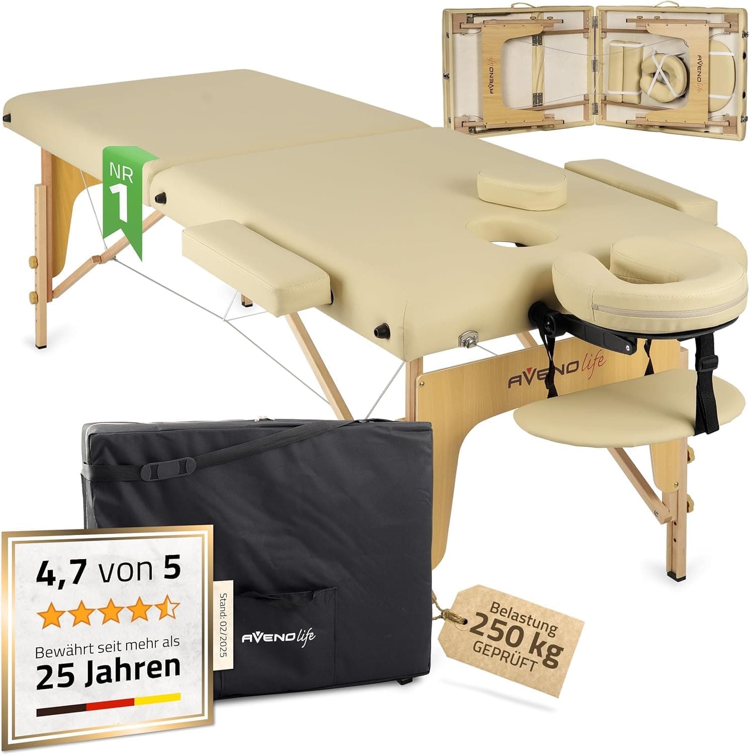 HABYS Sofia Light Massageliege | Klappbar Holz 2 Zonen | Massagetisch mit Vollausstattung | 185 x 60 x 85 cm, bis 250 kg | Armlehnen, Kopfstütze, Tragetasche, MDR-Zertifiziert | Beige Beige | Sofia Light Holz | 185x60