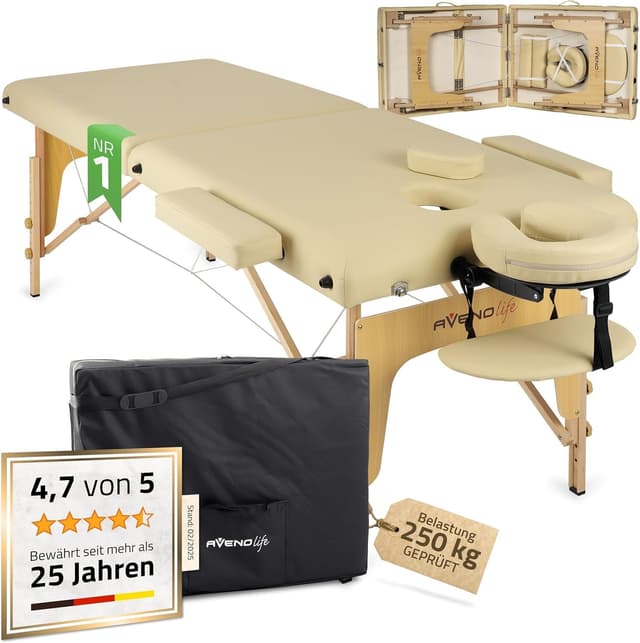 HABYS Sofia Light Massageliege | Klappbar Holz 2 Zonen | Massagetisch mit Vollausstattung | 185 x 60 x 85 cm, bis 250 kg | Armlehnen, Kopfstütze, Tragetasche, MDR-Zertifiziert | Beige Beige | Sofia Light Holz | 185x60